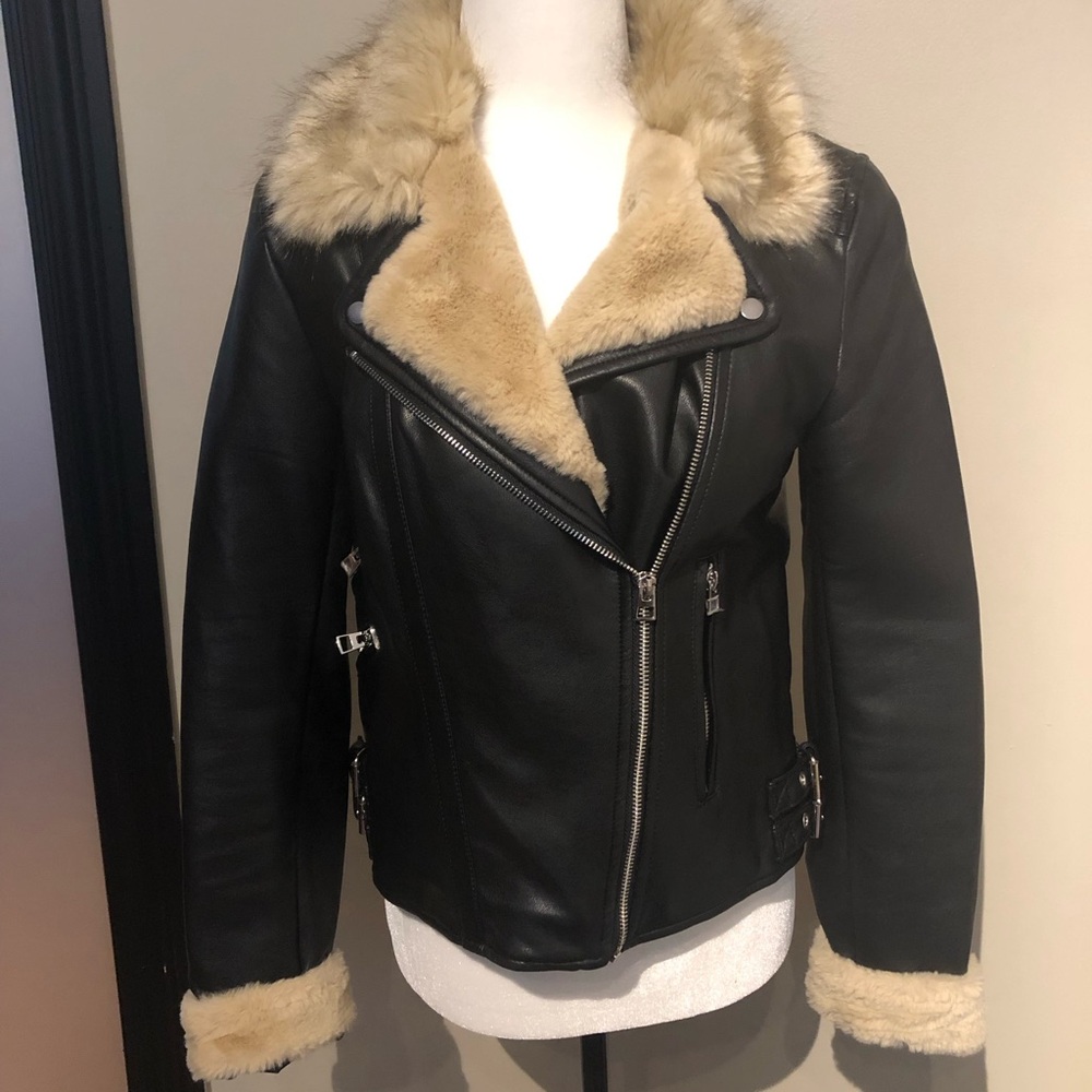Vero Moda faux Black Leather Jacket with Tan Fur Trim Size M
